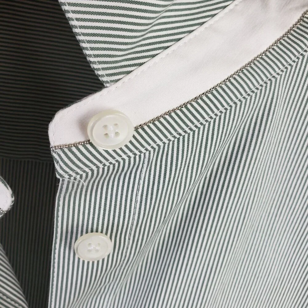 Lafayette 148 NY Striped Button Down Shirt Cotton Blend Stretch Green size 12 - Picture 6 of 12
